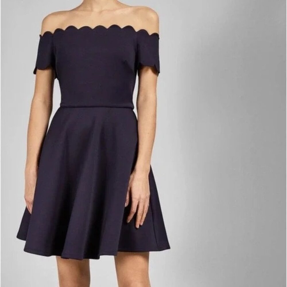 TED BAKER Bardot Scallop Off-The-Shoulder Crepe Skater Dress - Dark Blue